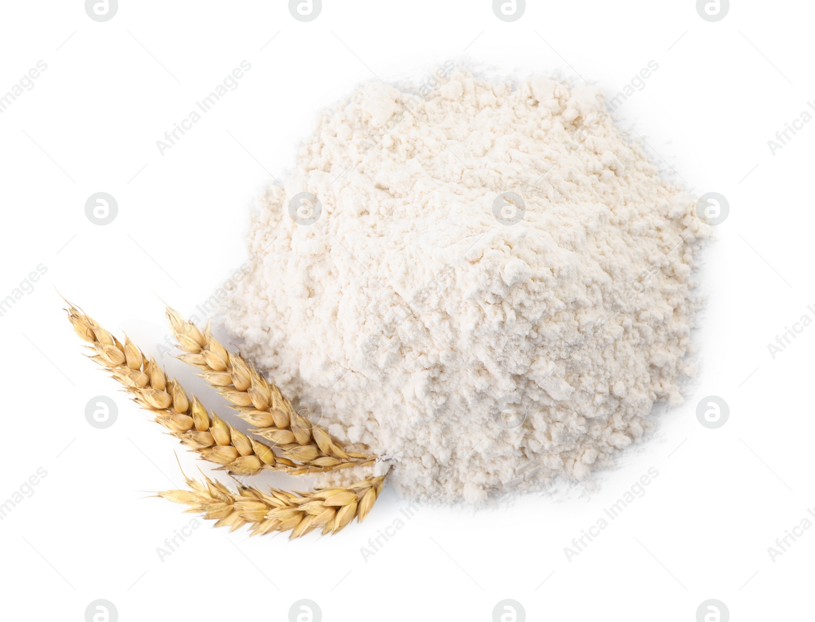 Photo of Pile of wheat flour and spikes on white background, top view