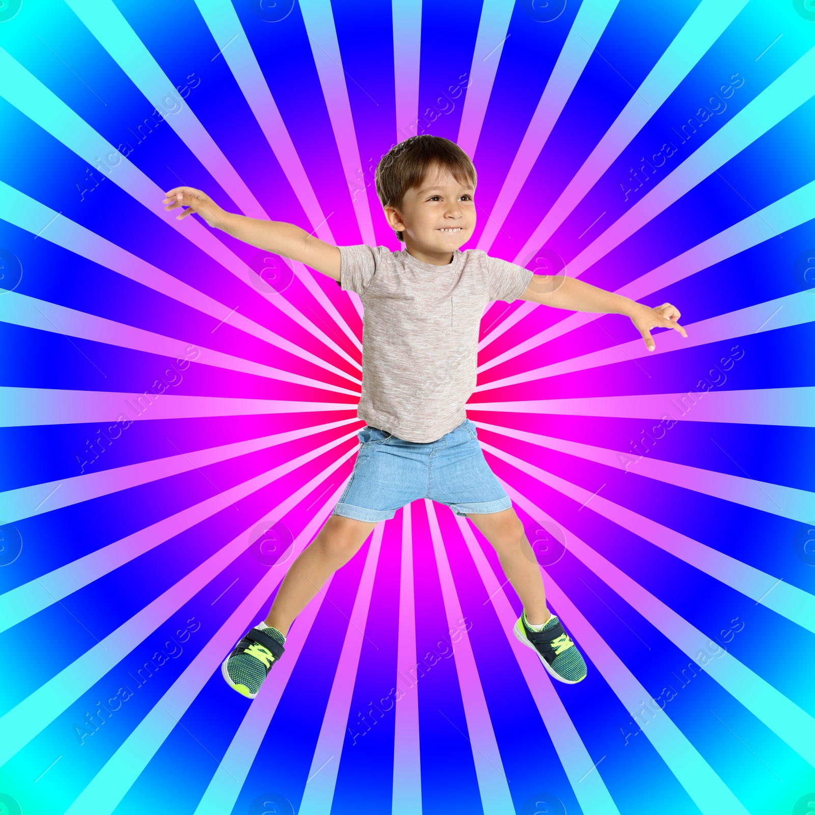 Image of Cute little boy on colorful background. School holidays