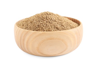 Photo of Wooden bowl with powdered coriander on white background