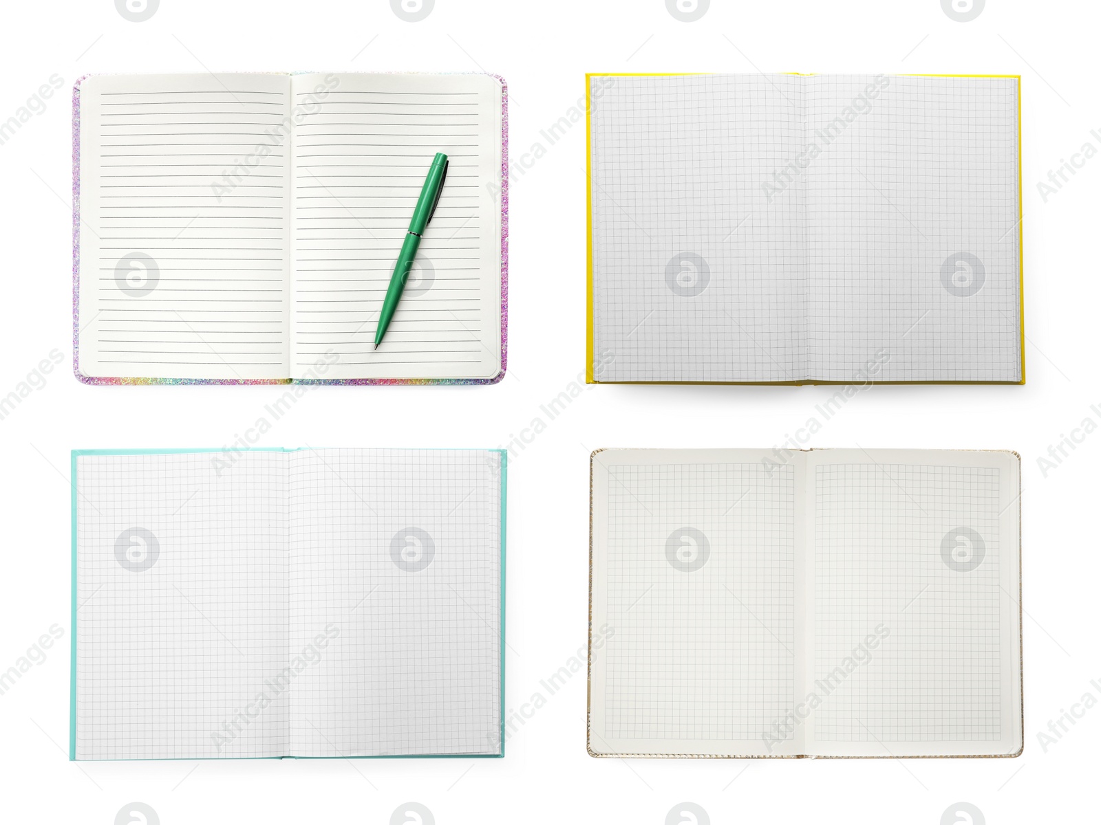 Image of Set of open planners with blank pages on white background, top view