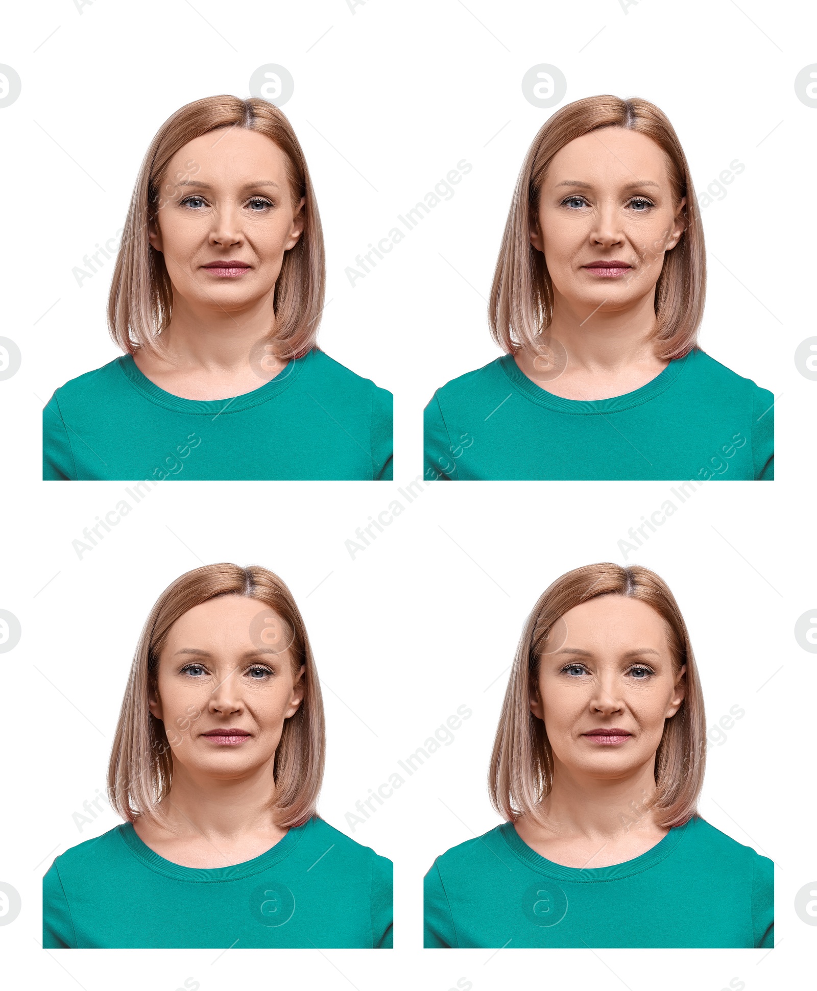 Image of Passport photo, collage. Woman on white background, set of photos