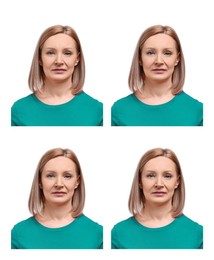 Image of Passport photo, collage. Woman on white background, set of photos