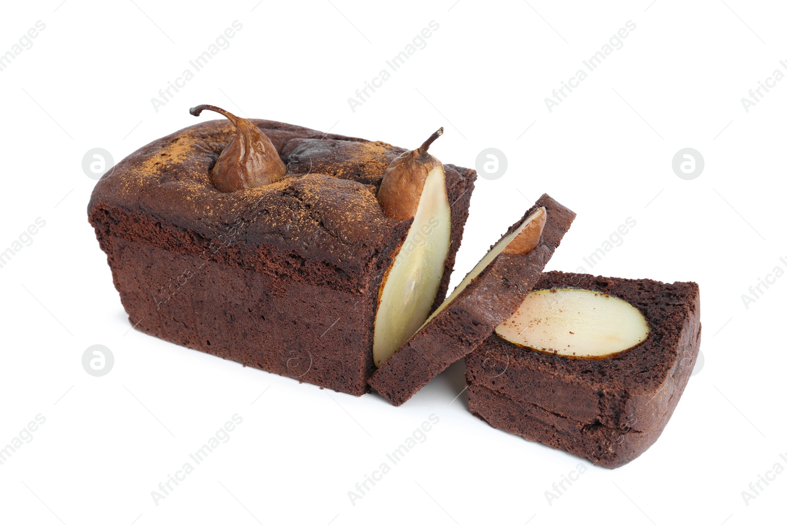 Photo of Tasty pear bread isolated on white. Homemade cake