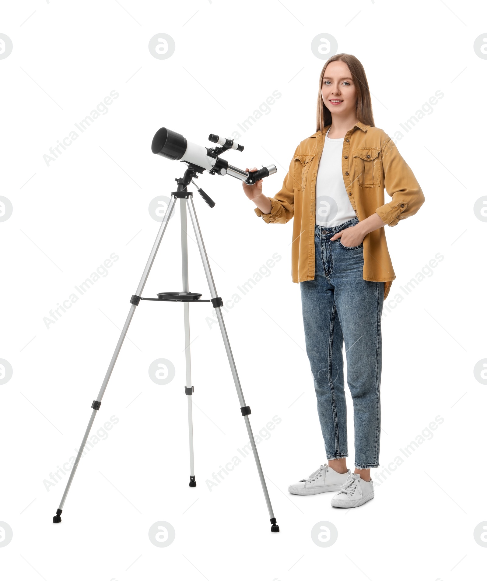 Photo of Young astronomer with telescope on white background