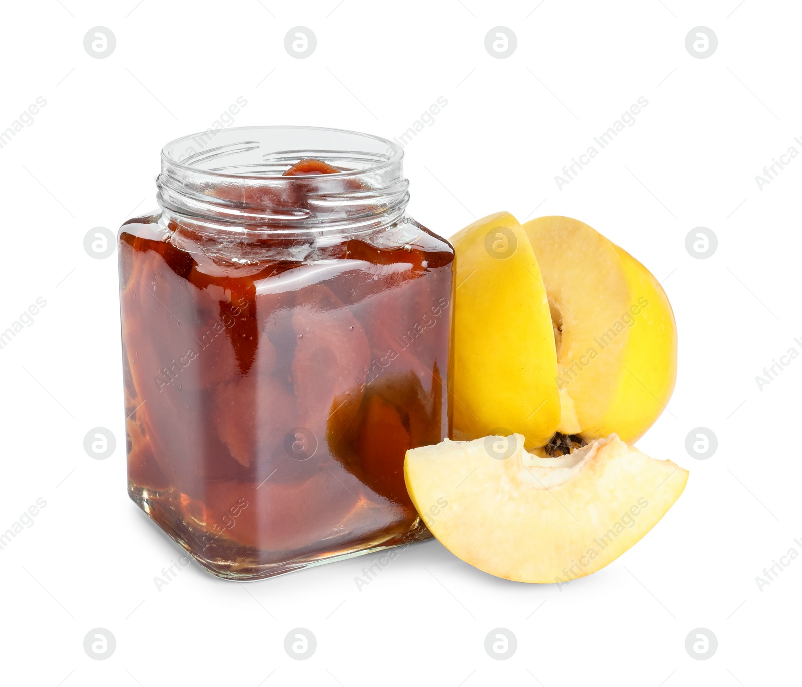 Photo of Tasty homemade quince jam in jar and fruits isolated on white