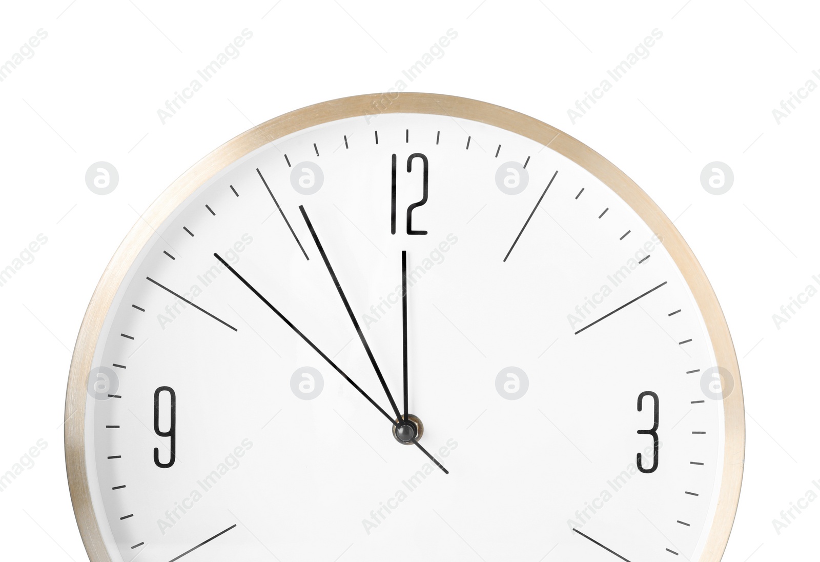 Photo of Clock showing five minutes until midnight on white background, closeup. New Year countdown