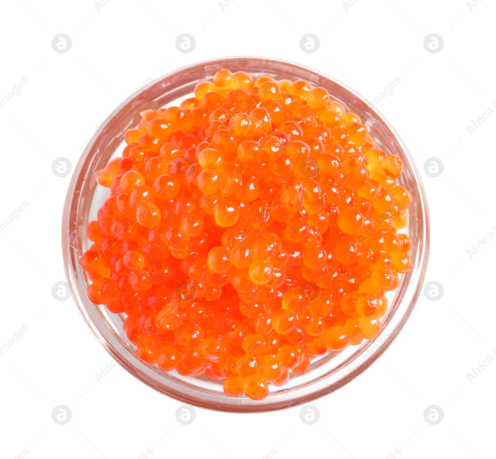 Photo of Bowl with delicious red caviar on white background