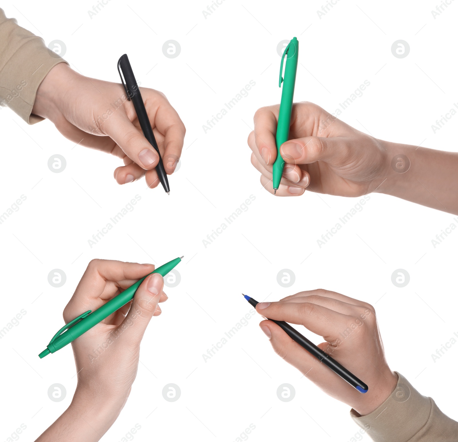 Image of Woman and man holding pens on white background, closeup. Collage design, different angles