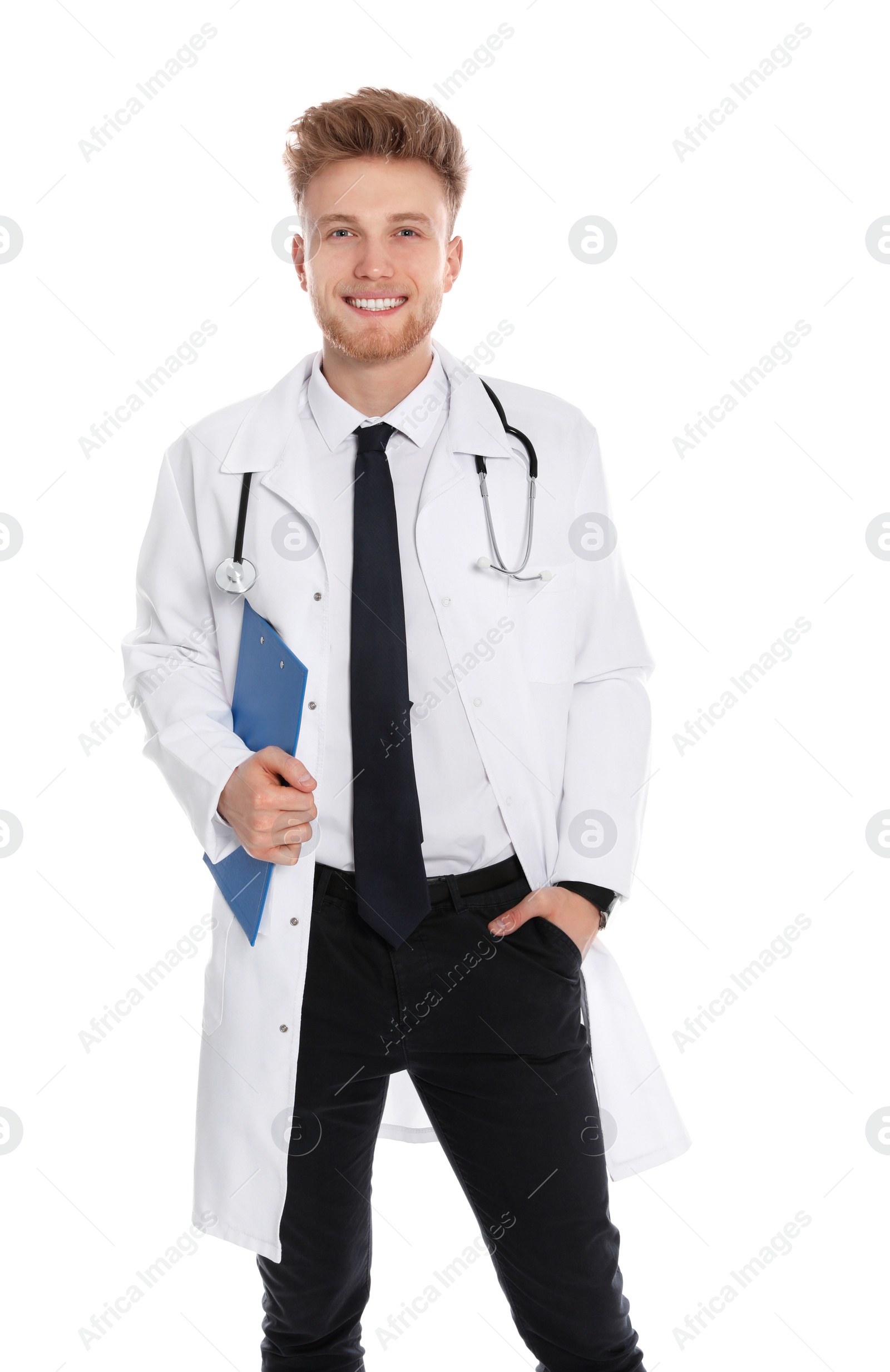 Photo of Portrait of medical doctor with clipboard and stethoscope isolated on white