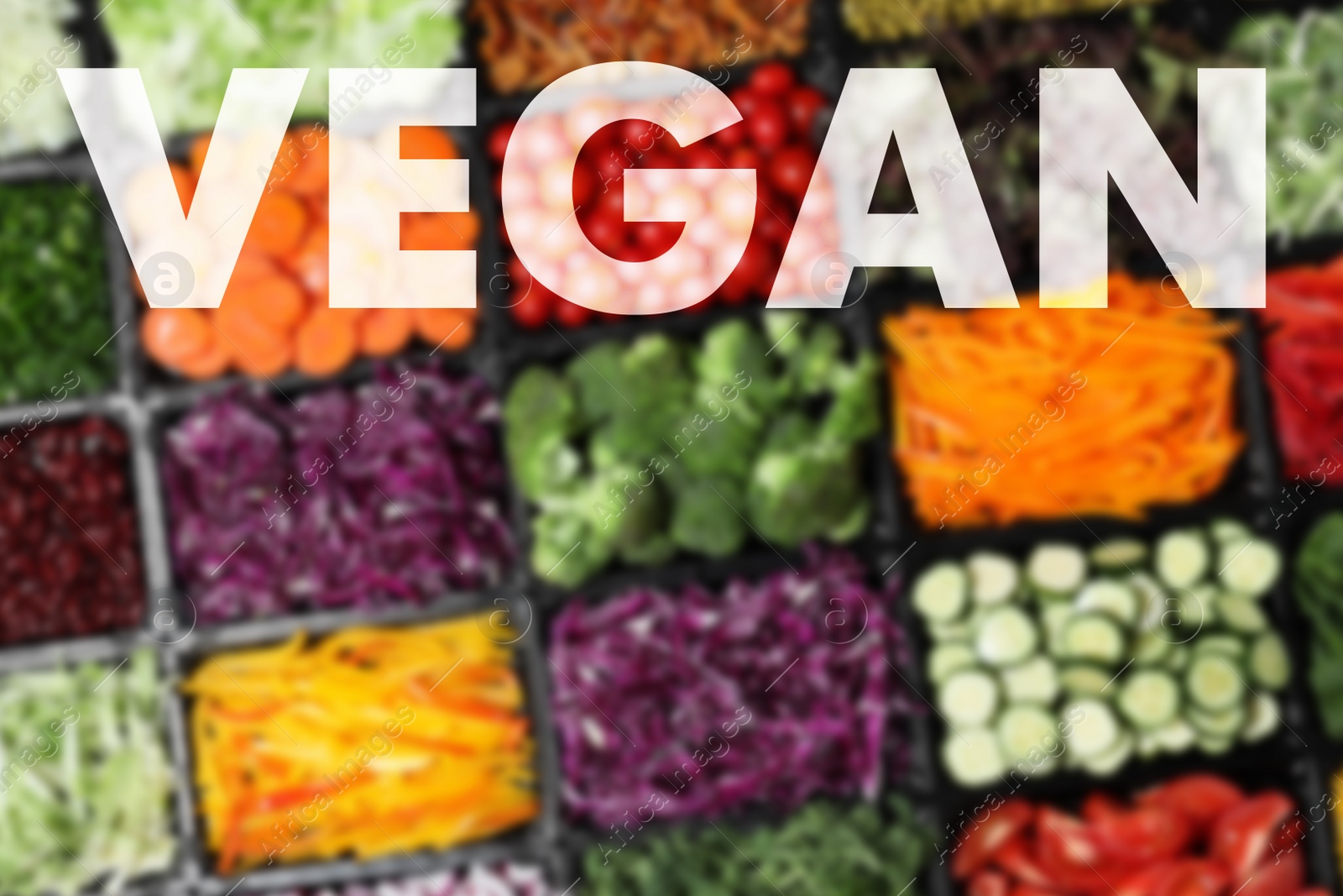 Image of Word Vegan and blurred view of different fresh vegetables, top view