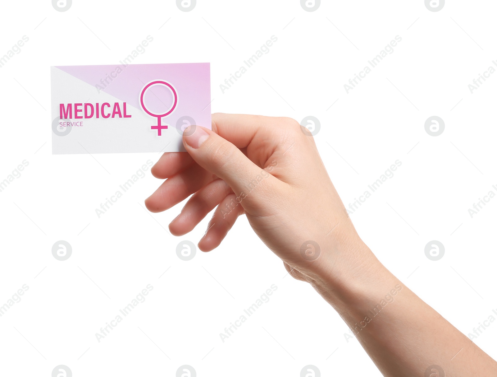 Photo of Girl holding medical business card isolated on white, closeup. Women's health service