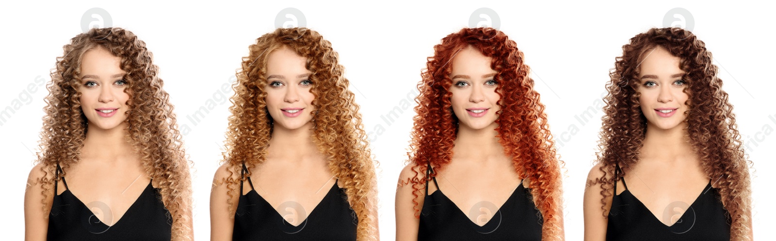 Image of Collage with photos of beautiful young woman with different hair colors on white background. Banner design