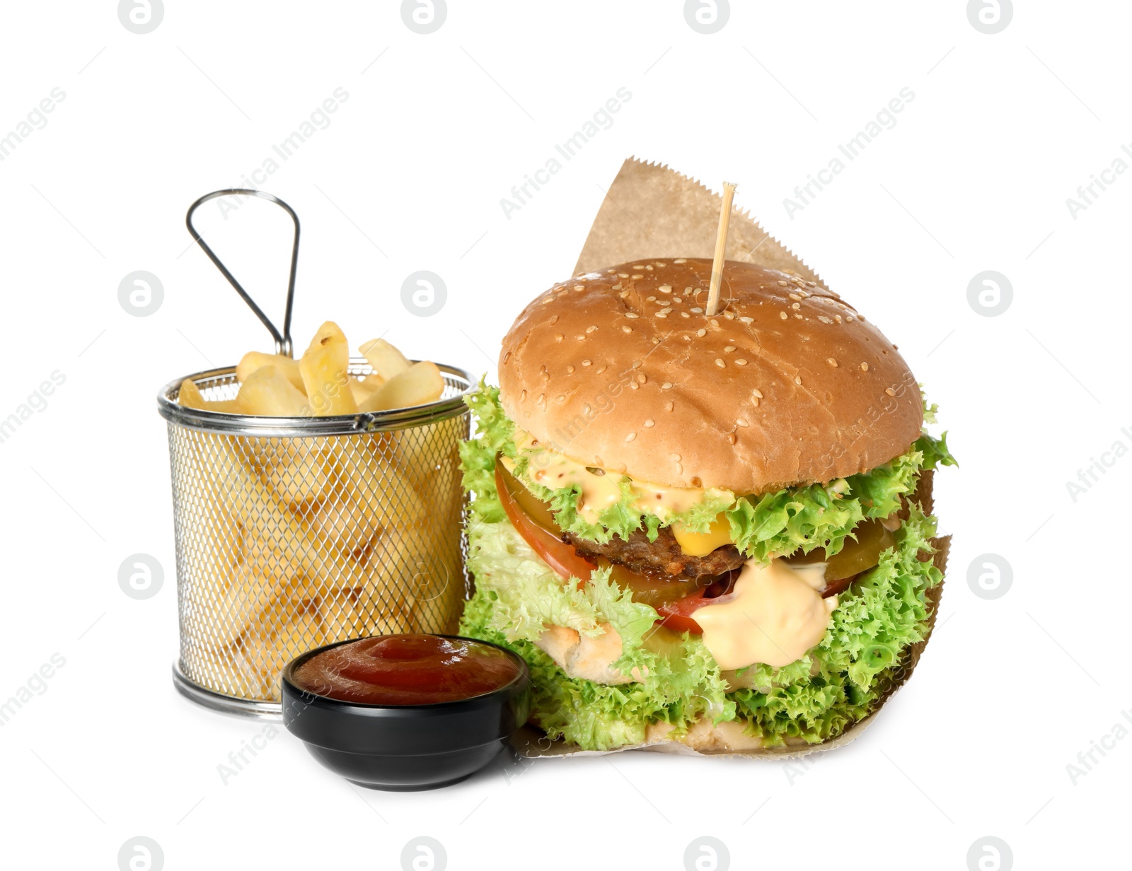 Burger with delicious patty, french fries and sauce isolated on white Photo of Burger with delicious patty, french fries and sauce isolated on white
