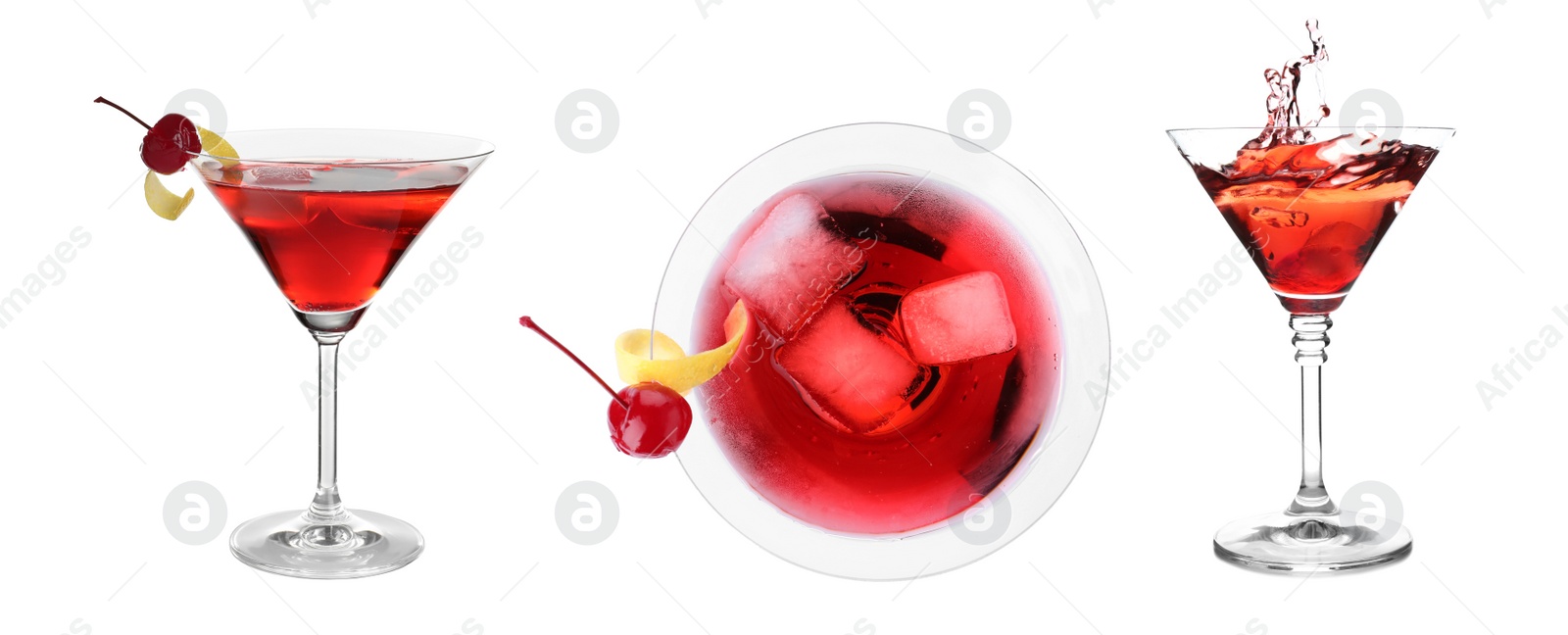 Image of Set of tasty martini cocktails with cherries on white background, banner design 