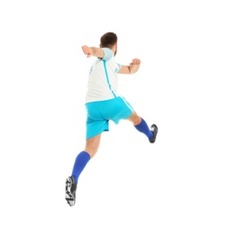 Young man playing football on white background