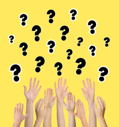 Collage of people raising hands and question marks on yellow background, closeup