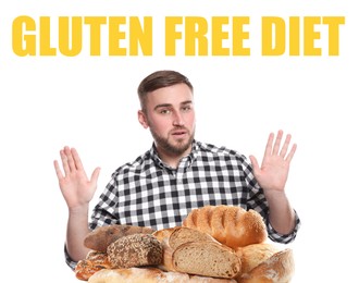 Gluten free diet. Man refusing from bakery products on white background