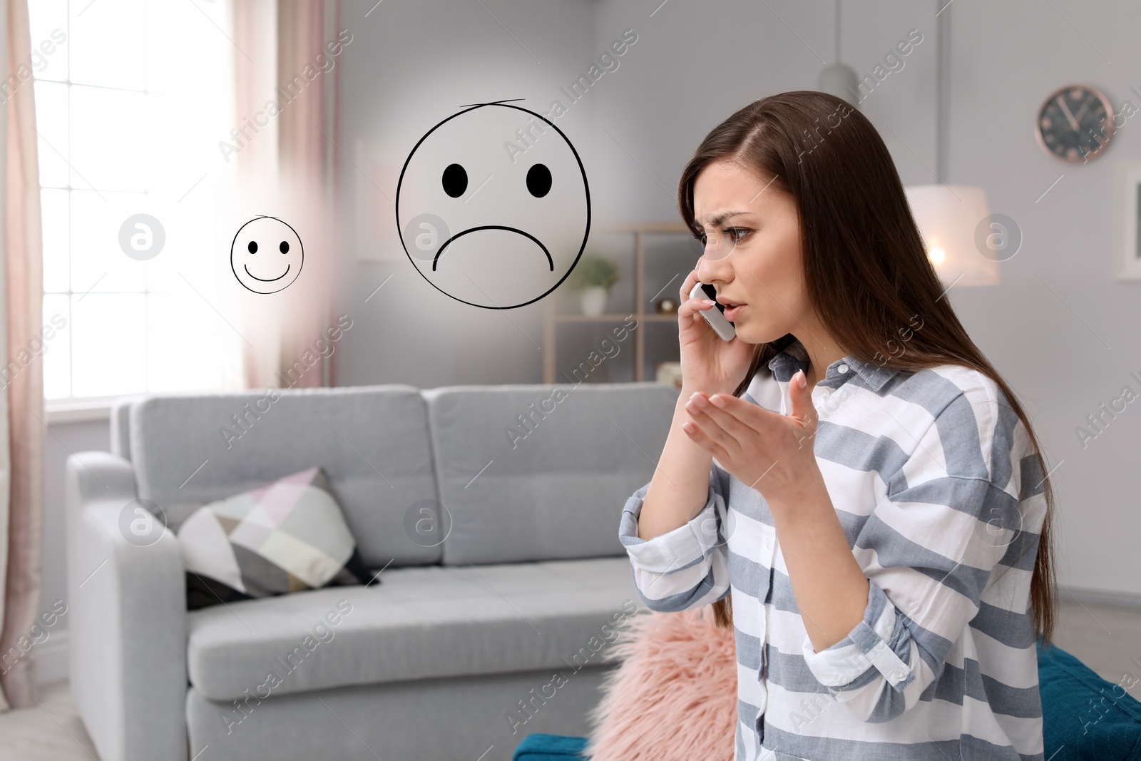 Image of Dissatisfied woman giving negative feedback by phone at home. Illustrations of sad, neutral and happy faces