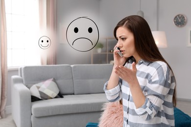Image of Dissatisfied woman giving negative feedback by phone at home. Illustrations of sad, neutral and happy faces