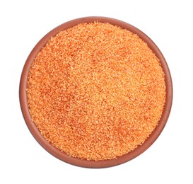 Photo of Orange salt in bowl isolated on white, top view