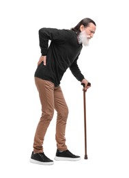 Photo of Senior man with walking cane suffering from back pain on white background