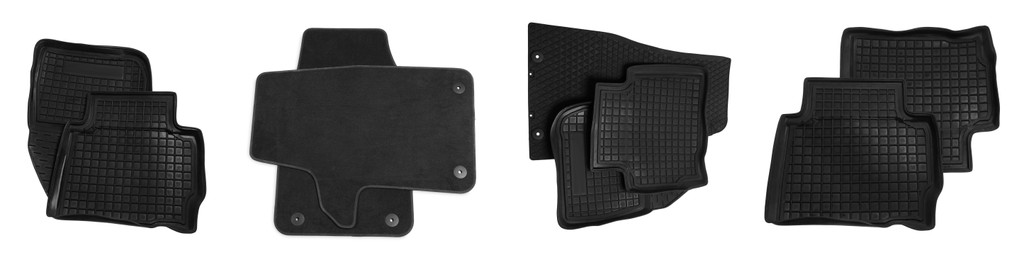 Image of Set with black car floor mats on white background, top view. Banner design