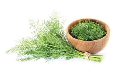 Photo of Bowl and bunch of fresh dill isolated on white