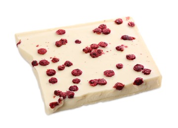 Photo of Half of chocolate bar with freeze dried red currants isolated on white
