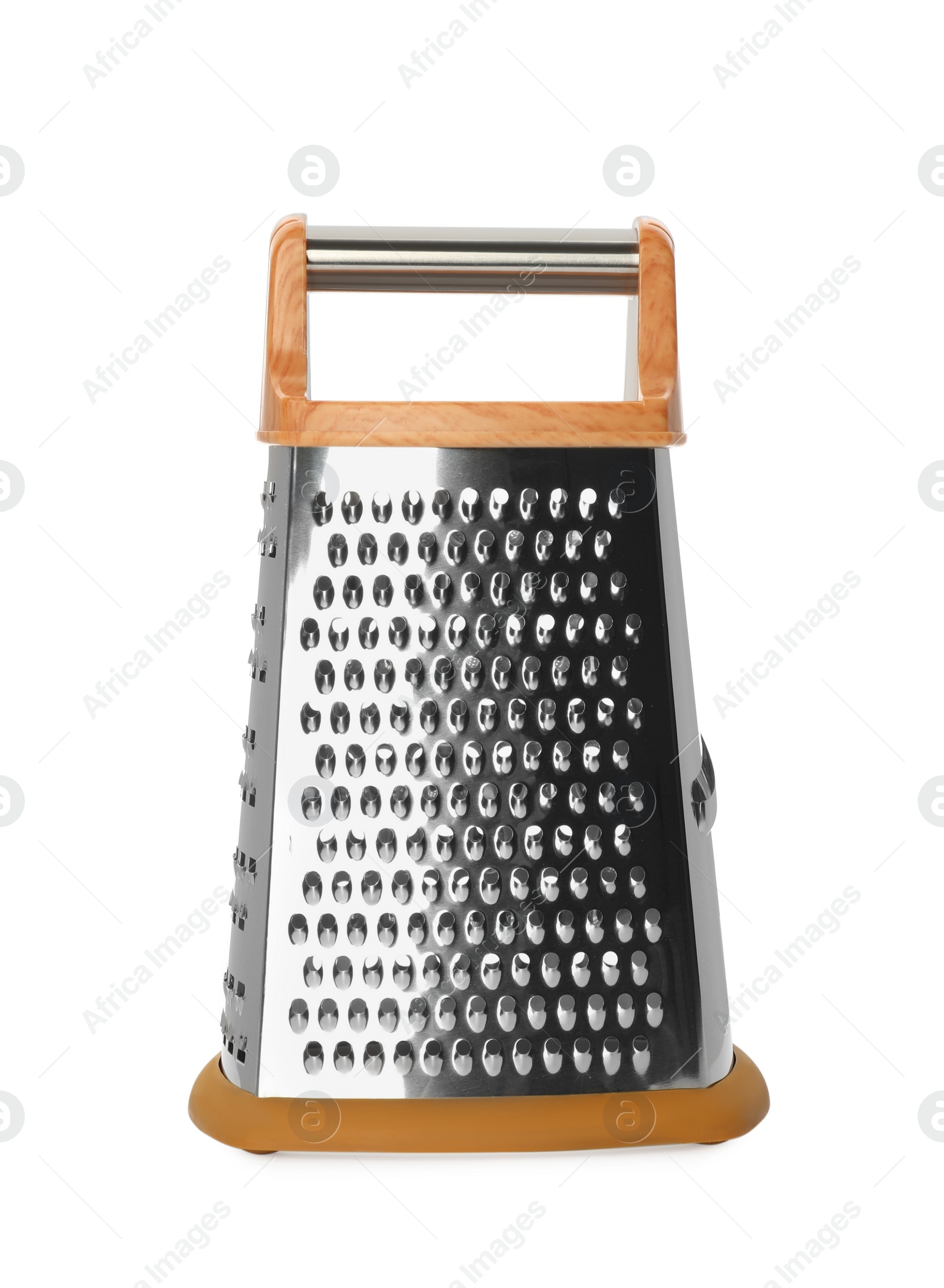 Photo of Stainless steel grater on white background. Kitchen utensil