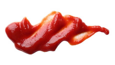 Photo of Smear of tasty ketchup isolated on white, top view