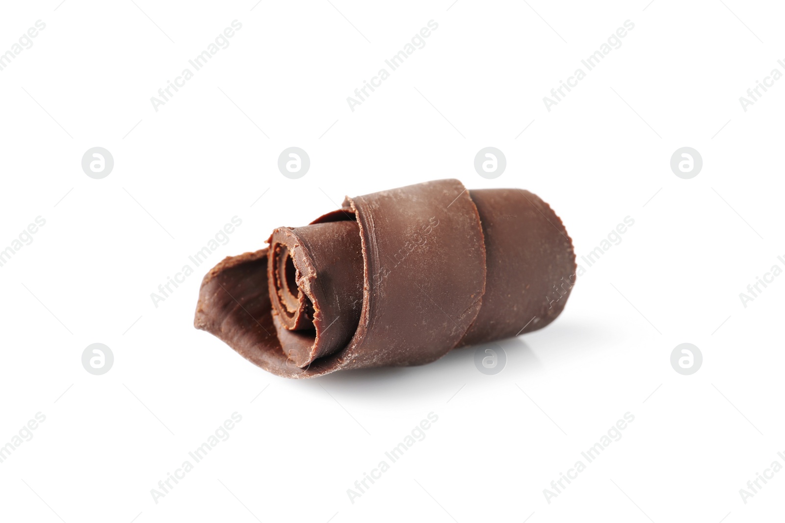 Photo of Yummy chocolate curl for decor on white background