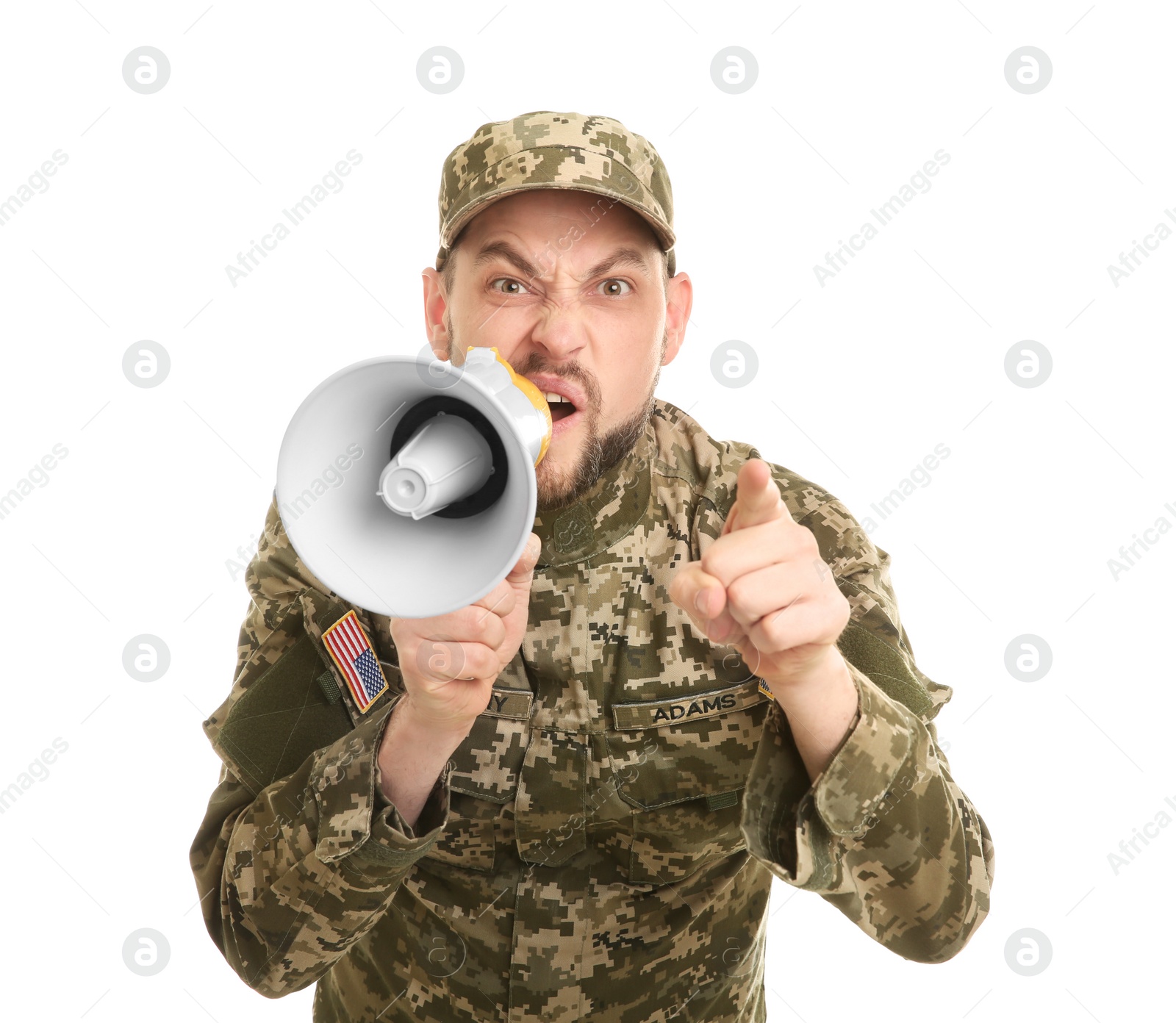 Photo of Military man shouting into megaphone on white background