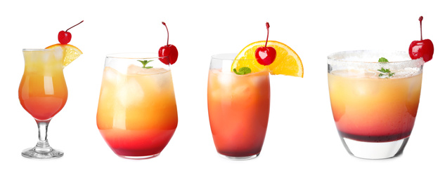 Image of Set of Tequila Sunrise cocktail in different glasses on white background, banner design. Refreshing drink