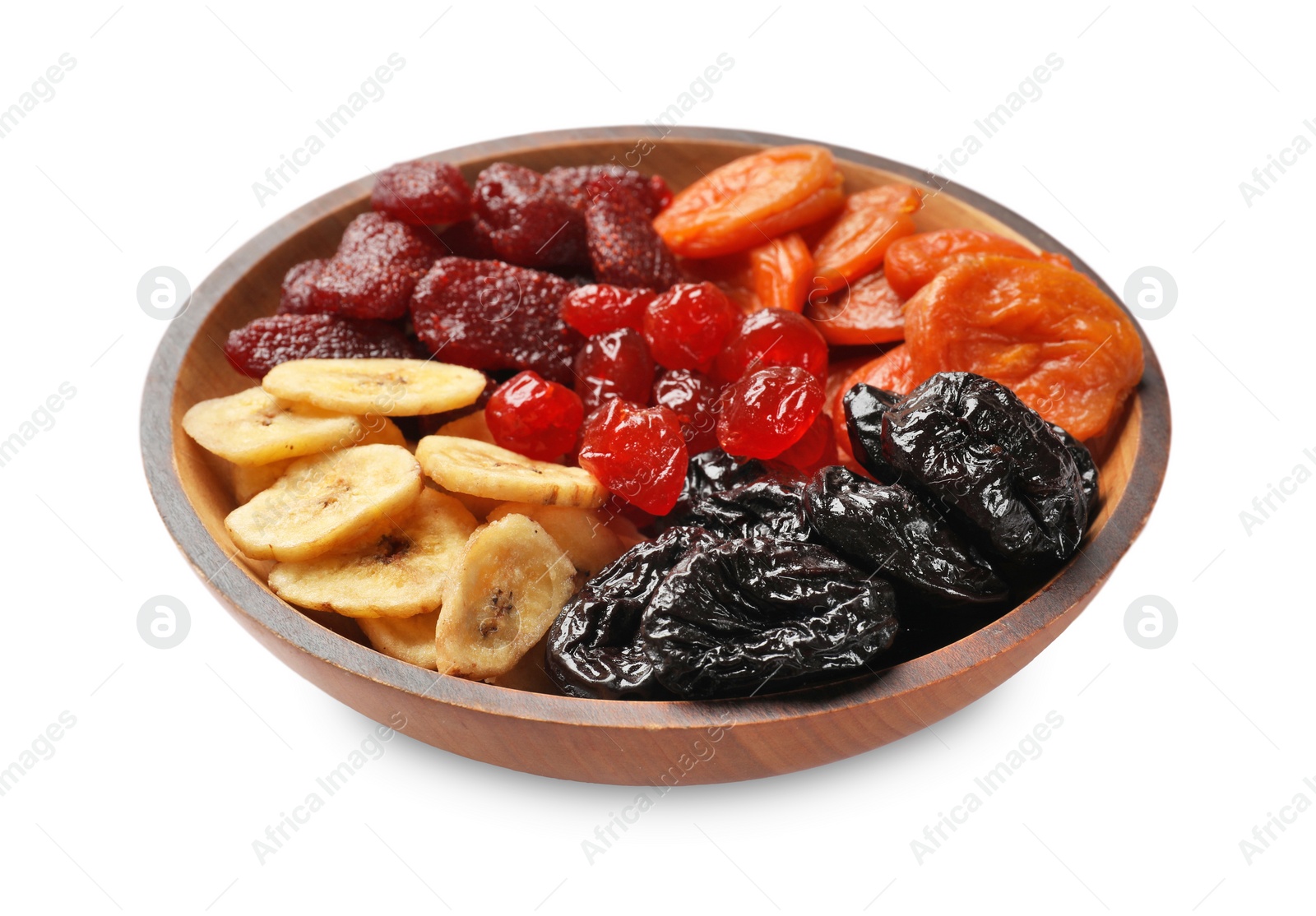 Photo of Mix of delicious dried fruits in wooden bowl isolated on white,