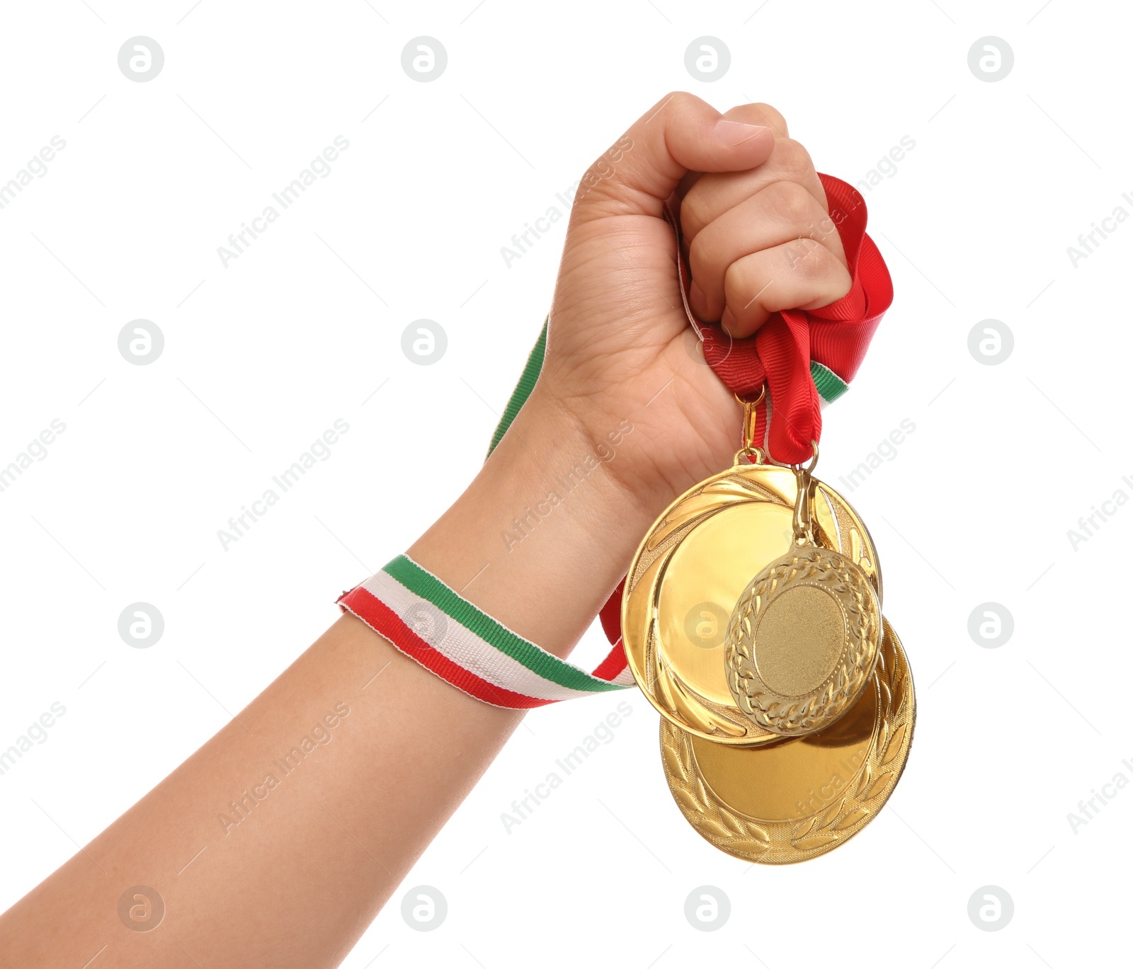 Photo of Woman holding gold medals on white background, closeup