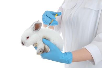 Scientist with syringe and rabbit on white background, closeup. Animal testing concept