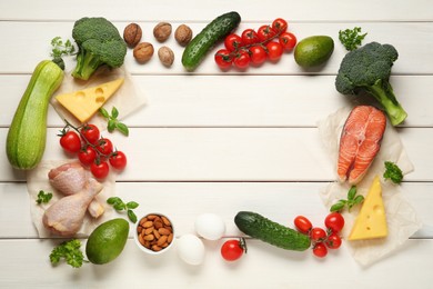 Photo of Frame of different fresh products on white wooden table, flat lay with space for text. Keto diet