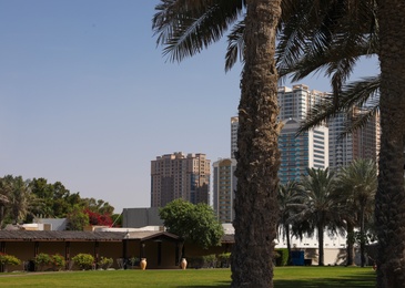 Beautiful view of tropical resort on sunny day