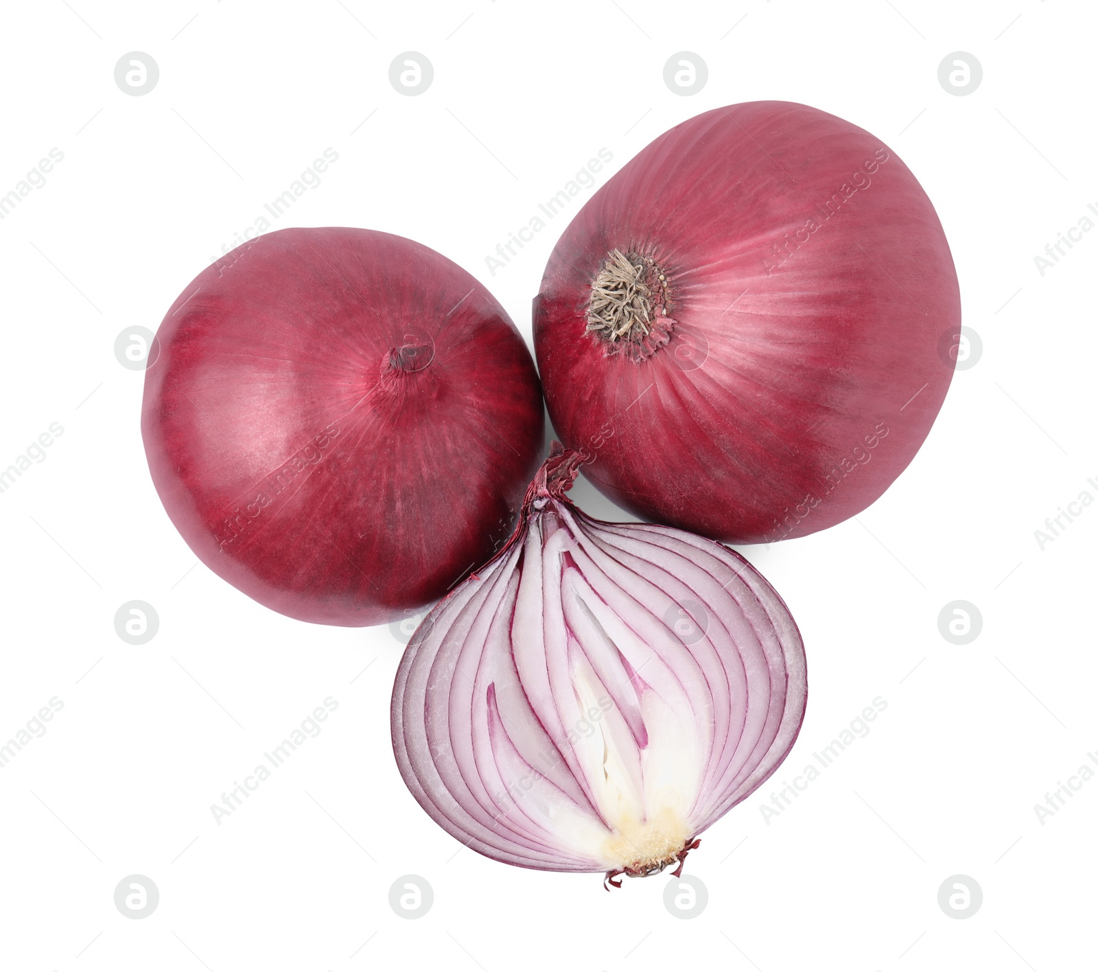 Photo of Ripe fresh red onions isolated on white, top view