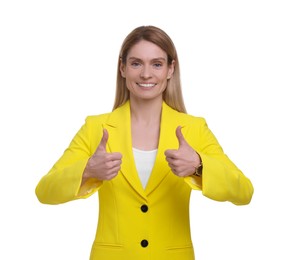 Photo of Beautiful happy businesswoman showing thumbs up on white background