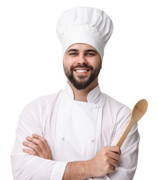 Happy young chef in uniform holding wooden spoon on white background