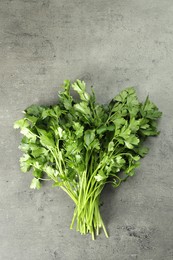 Bunch of fresh green parsley leaves on grey table, top view