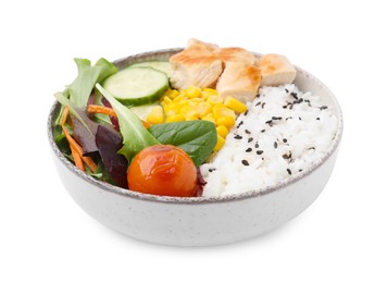 Photo of Delicious poke bowl with meat, rice, vegetables and greens isolated on white
