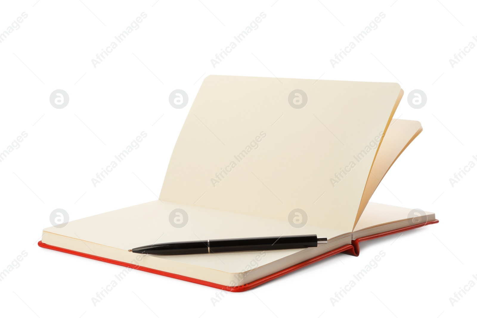 Photo of Stylish open notebook and pen isolated on white