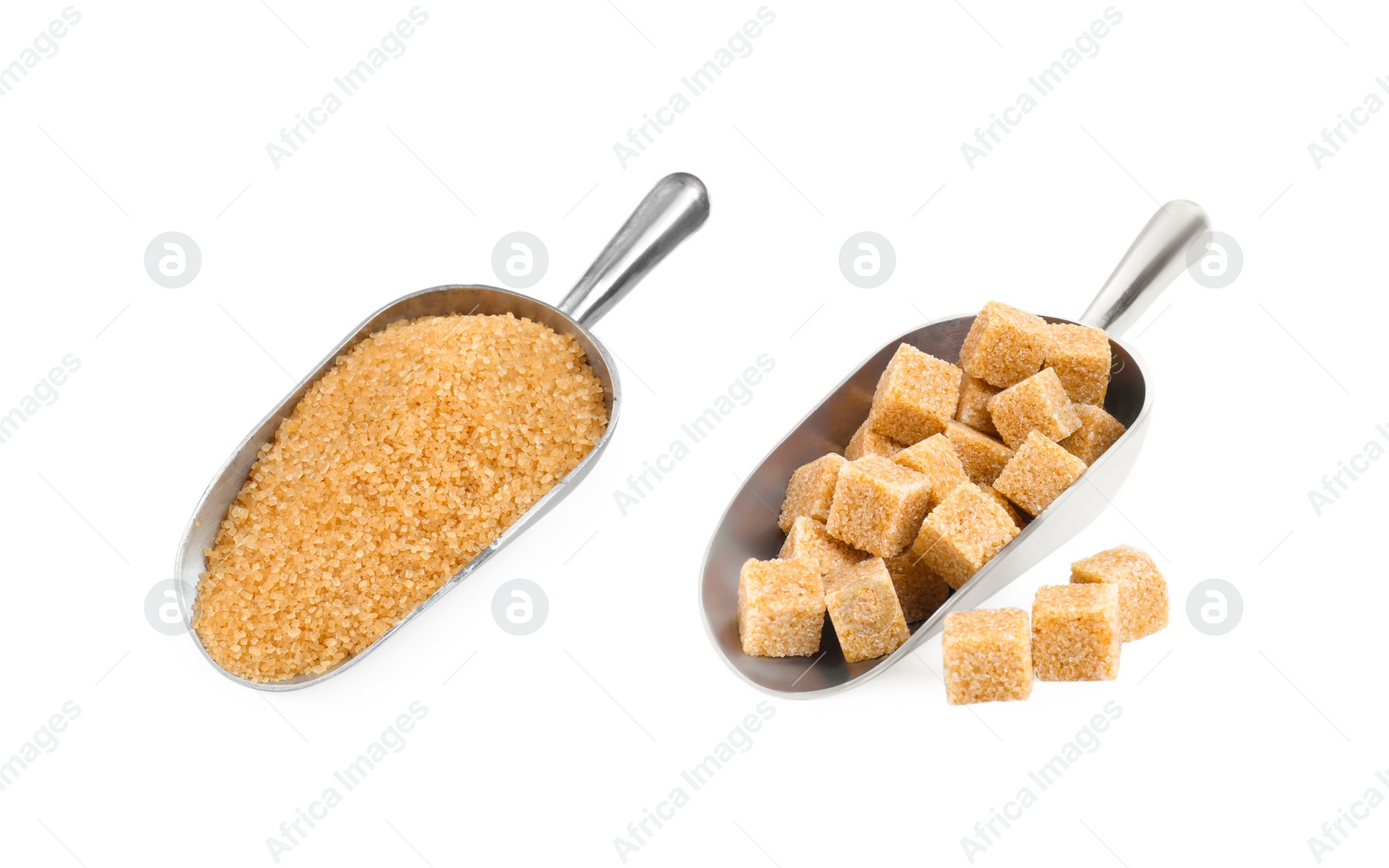 Image of Brown sugar cubes and granulated isolated on white