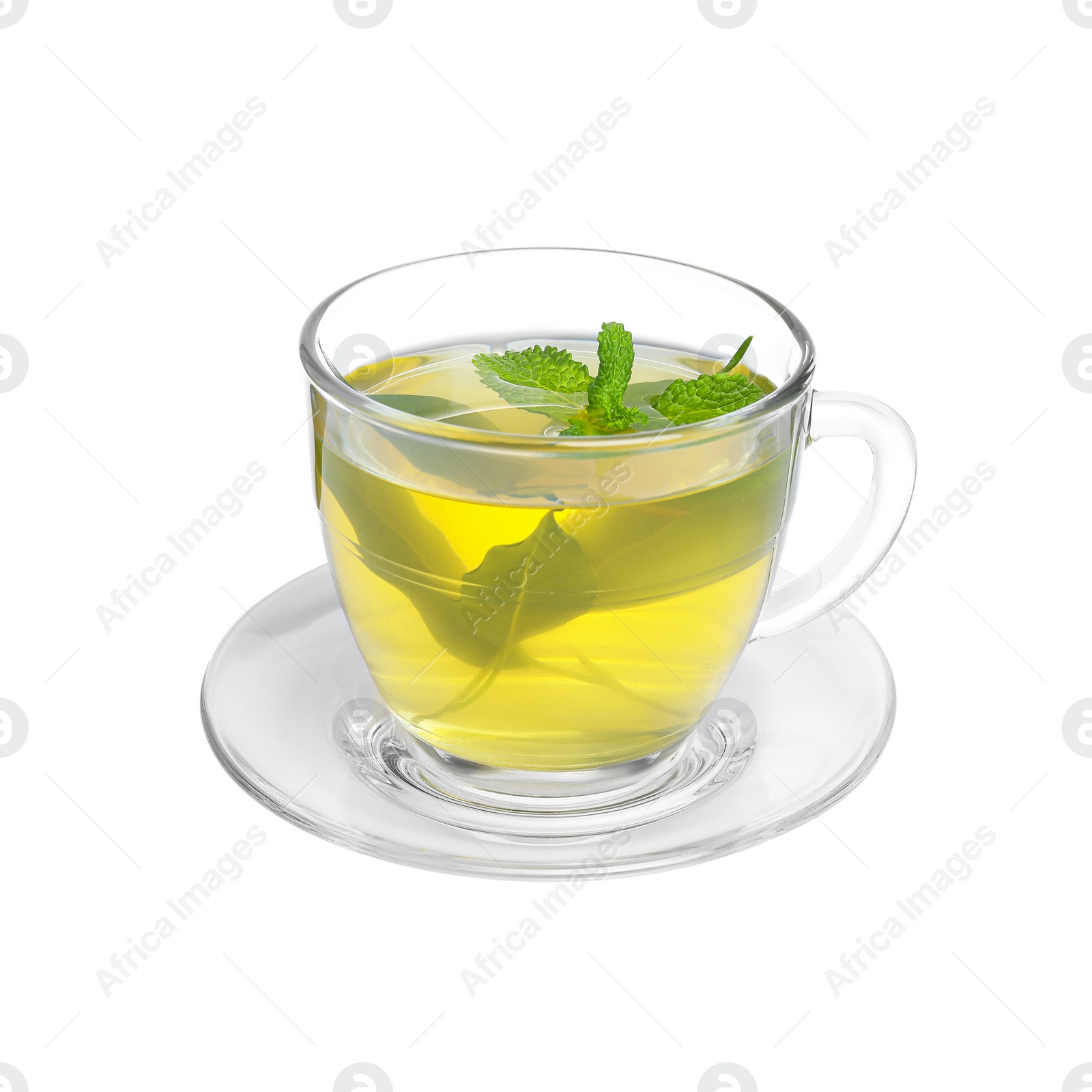 Photo of Fresh green tea in glass cup, mint and saucer isolated on white