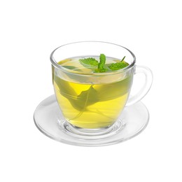 Photo of Fresh green tea in glass cup, mint and saucer isolated on white