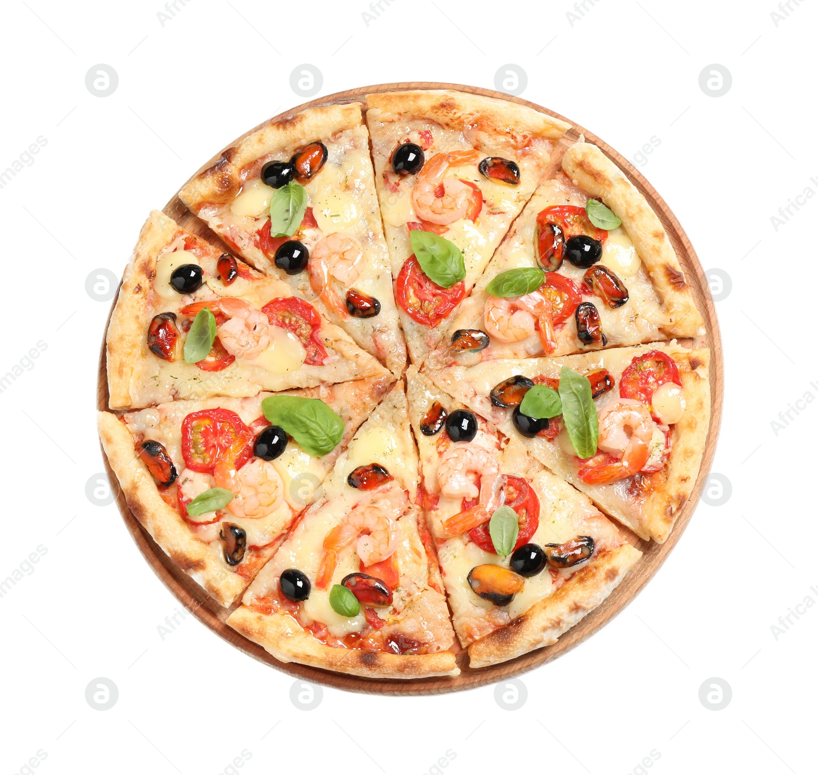 Photo of Tasty pizza with seafood isolated on white, top view