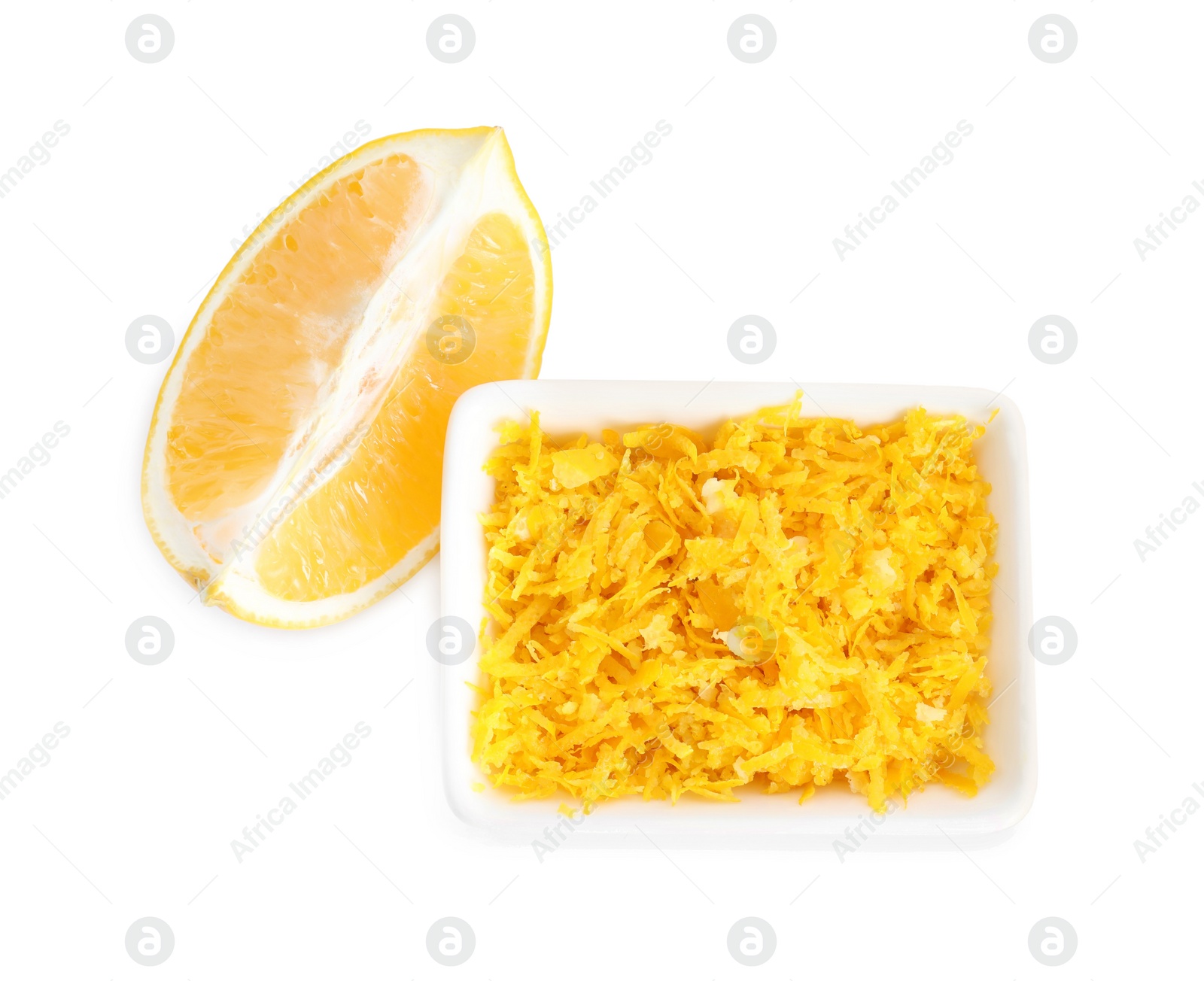 Photo of Lemon zest and fresh fruit on white background, top view