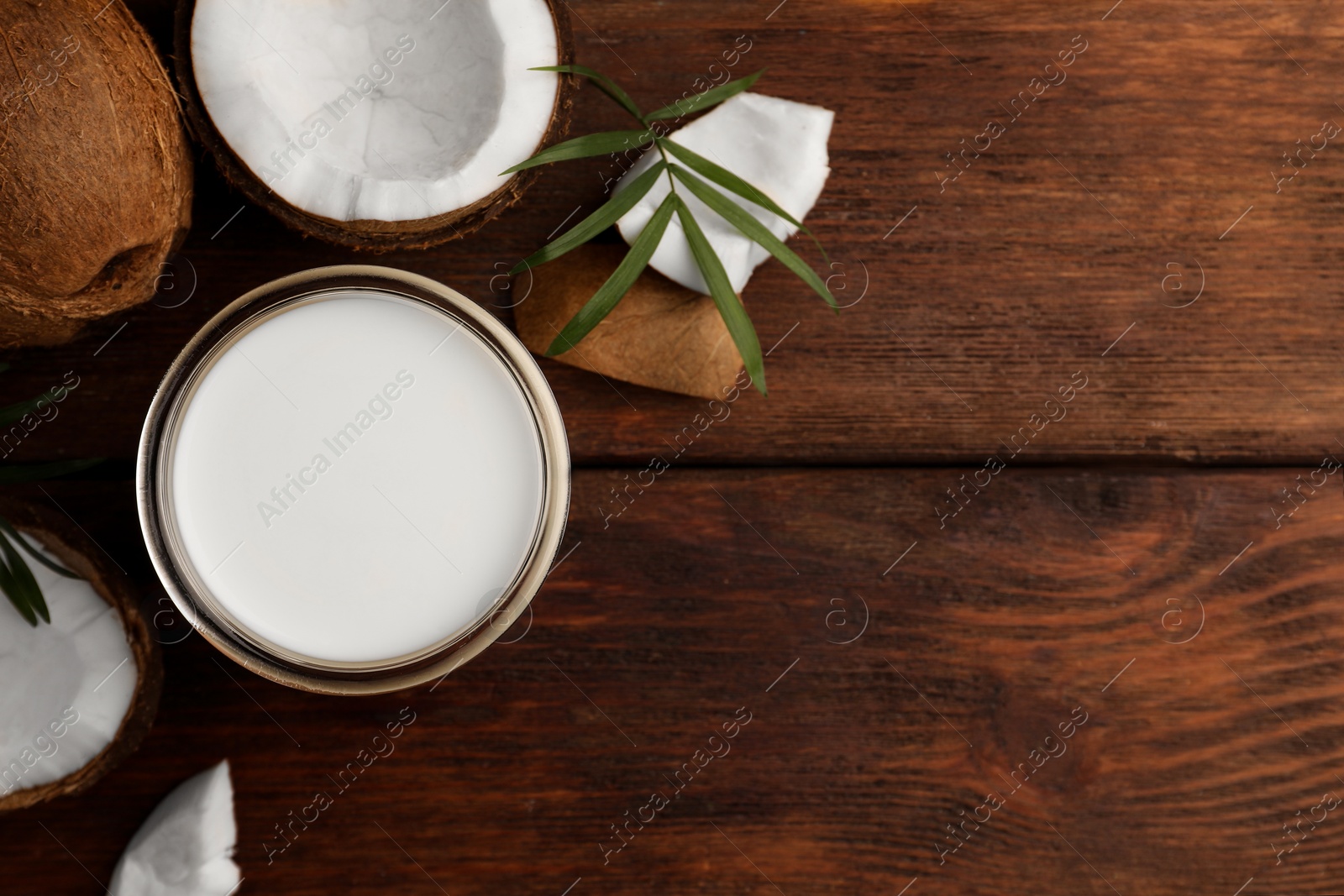 Photo of Glass of delicious vegan milk, coconut pieces and palm leaf on wooden table, flat lay. Space for text